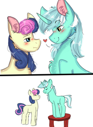 Size: 2200x3000 | Tagged: safe, artist:valkiria, derpibooru import, bon bon, lyra heartstrings, sweetie drops, earth pony, pony, unicorn, blushing, chest fluff, cute, eye contact, female, heart, high res, lesbian, looking at each other, looking at someone, lyrabon, missing cutie mark, shipping, simple background, smiling, unamused, white background