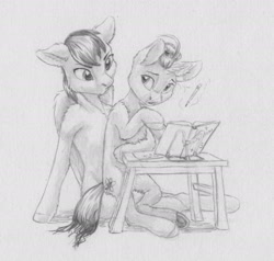 Size: 2134x2030 | Tagged: safe, artist:joestick, derpibooru import, oc, oc only, oc:sheron, pegasus, pony, unicorn, book, female, mare, monochrome, table, traditional art