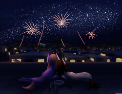 Size: 3250x2500 | Tagged: safe, artist:trotski432, derpibooru import, oc, oc only, oc:cj, pony, balcony, behind, building, bulgaria, can, city, commission, duo, female, fireworks, flag, flag pole, happy new year, holiday, looking away, lying down, male, mare, mountain, night, phone, plate, prone, sky, stallion, stars