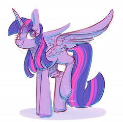 Size: 1928x1916 | Tagged: safe, artist:musicfirewind, derpibooru import, twilight sparkle, twilight sparkle (alicorn), alicorn, pony, female, looking up, mare, simple background, sketch, smiling, spread wings, white background