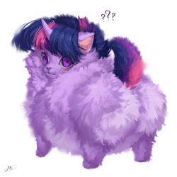 Size: 1600x1600 | Tagged: safe, artist:makkah, derpibooru import, twilight sparkle, dog, chihuahua, dogified, excessive fluff, female, fluffy, looking at you, looking back, looking back at you, question mark, simple background, solo, species swap, twilight barkle, white background