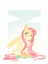 Size: 1983x2610 | Tagged: safe, artist:irusumau, derpibooru import, fluttershy, pegasus, pony, blushing, coat markings, colored hooves, colored pupils, cute, facial markings, female, high res, long mane, looking away, looking sideways, looking up, mare, pale belly, partially open wings, shyabetes, sitting, sky background, smiling, snip (coat marking), solo, three quarter view, wings