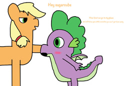 Size: 750x514 | Tagged: safe, artist:liamrev, derpibooru import, applejack, spike, dragon, earth pony, pony, 1000 hours in ms paint, applespike, bedroom eyes, blushing, female, flirting, implied rarity, implied sex, male, missing accessory, shipping, simple background, straight, tail, tailboner, white background