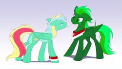 Size: 1429x820 | Tagged: safe, artist:scarlet-spectrum, derpibooru import, oc, oc only, pegasus, pony, colored pupils, duo, ears back, eye contact, folded wings, frown, gradient background, green eyes, hooves, looking at each other, looking at someone, one ear down, pegasus oc, shadow, standing, tail, two toned mane, two toned tail, watermark, wings