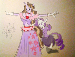 Size: 1232x924 | Tagged: safe, artist:gameboyred, derpibooru import, rarity, oc, anthro, unicorn, anthro oc, clothes, dress, duo, female, horn, unicorn oc