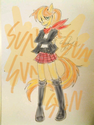 Size: 924x1232 | Tagged: safe, artist:gameboyred, derpibooru import, oc, oc only, oc:sunny day, anthro, earth pony, anthro oc, clothes, crossed arms, earth pony oc, female, skirt, solo, traditional art