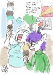 Size: 800x1117 | Tagged: safe, artist:gameboyred, derpibooru import, oc, oc only, oc:snowy night, anthro, unicorn, anthro oc, clothes, female, food, horn, ice cream, open mouth, sweater, unicorn oc