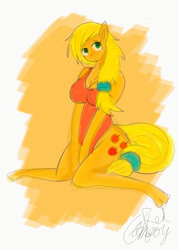 Size: 800x1117 | Tagged: safe, artist:gameboyred, derpibooru import, applejack, anthro, earth pony, plantigrade anthro, applerack, breasts, cleavage, clothes, female, one-piece swimsuit, solo, swimsuit