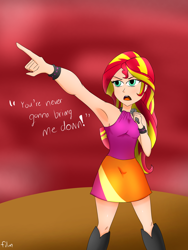 Size: 2104x2800 | Tagged: safe, artist:film77asq, derpibooru import, sunset shimmer, equestria girls, rainbow rocks, bare shoulders, clothes, female, human coloration, microphone, open mouth, pointing, scene interpretation, singing, skirt, sleeveless, solo, welcome to the show