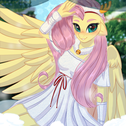 Size: 3000x3000 | Tagged: safe, artist:auroracursed, derpibooru import, fluttershy, anthro, pegasus, pony, blushing, christmas, clothes, cute, dress, female, holiday, looking at you, mare, shy, smiling, smiling at you, solo