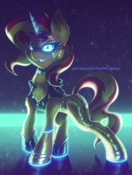 Size: 750x1000 | Tagged: safe, artist:shad0w-galaxy, derpibooru import, sunset shimmer, cyborg, pony, unicorn, chest fluff, choker, clothes, female, glowing, glowing eyes, glowing horn, grin, horn, jacket, leather jacket, mare, raised hoof, raised leg, smiling