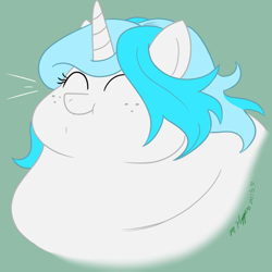 Size: 614x614 | Tagged: safe, artist:necrofeline, derpibooru import, oc, oc only, oc:snowy night, pony, unicorn, bust, cute, eyes closed, fat, female, freckles, green background, horn, morbidly obese, obese, simple background, solo, unicorn oc