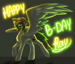 Size: 2364x2028 | Tagged: safe, artist:sparkie45, derpibooru import, oc, oc:ray, pegasus, pony, cute, cutie mark, eyestrain warning, glowing, happy birthday, hat, male, ocbetes, solo, spread wings, stallion, wings