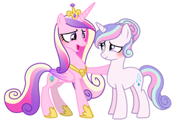 Size: 1280x908 | Tagged: safe, artist:venomtwt-artistowo, derpibooru import, princess cadance, oc, oc:bundle joy, alicorn, pony, unicorn, base used, blushing, crown, eye contact, female, jewelry, looking at each other, mare, open mouth, open smile, regalia, simple background, smiling, smiling at each other, transparent background