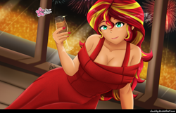 Size: 1245x800 | Tagged: safe, artist:clouddg, derpibooru import, sunset shimmer, equestria girls, alcohol, big breasts, breasts, champagne, champagne glass, cleavage, clothes, elegant, female, fireworks, happy new year 2022, looking at you, sexy, solo, sunset jiggler, wine