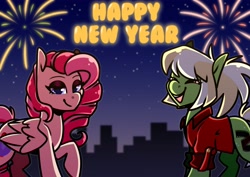 Size: 4093x2894 | Tagged: safe, artist:jellysiek, derpibooru import, oc, oc:joyful jewel, oc:milli, earth pony, pegasus, pony, eponafest, female, fireworks, happy new year, happy new year 2022, holiday, mare, mascot