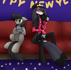 Size: 2188x2140 | Tagged: safe, artist:the-furry-railfan, derpibooru import, octavia melody, bird, demon, earth pony, owl, beanie, cellphone, clothes, happy new year, helluva boss, holiday, listening to music, octavia (helluva boss), phone, relaxing, sitting, smartphone, sofa, walkman