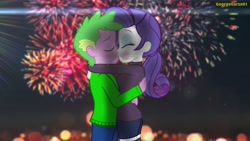 Size: 2048x1152 | Tagged: safe, artist:georgegarza01, derpibooru import, rarity, spike, human, blushing, eyes closed, female, fireworks, happy new year, happy new year 2022, holiday, human spike, humanized, kissing, male, shipping, sparity, straight