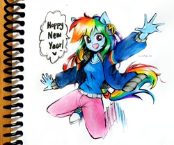 Size: 3625x3024 | Tagged: safe, artist:liaaqila, derpibooru import, rainbow dash, dance magic, equestria girls, spoiler:eqg specials, converse, happy new year, holiday, looking at you, shoes, simple background, sneakers, solo, speech bubble, traditional art, watercolor painting, white background