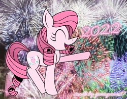 Size: 2376x1866 | Tagged: safe, artist:guruyunus17, derpibooru import, oc, oc only, oc:annisa trihapsari, earth pony, pony, eyes closed, female, fireworks, happy new year, holiday, mare, medibang paint, open mouth, solo