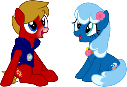 Size: 2500x1723 | Tagged: safe, derpibooru import, oc, oc only, oc:max mustang, oc:sea foam ep, earth pony, 2022 community collab, armor node, clothes, derpibooru, derpibooru community collaboration, female, flower on ear, lei, looking up, magic pearl, male, mare, meta, simple background, sitting, snow tip nose, stallion, transparent background, vector, vest