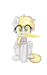 Size: 960x1512 | Tagged: safe, artist:hsf, derpibooru import, derpy hooves, pegasus, pony, eye clipping through hair, feather, glasses, looking at you, mouth hold, quill, simple background, sitting, solo, transparent background