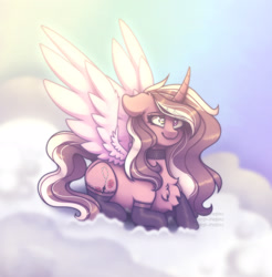 Size: 2572x2609 | Tagged: safe, artist:angie imagines, derpibooru import, oc, oc only, oc:revnie, alicorn, pony, chest fluff, choker, clothes, cloud, female, fluffy, glowing, glowing wings, heterochromia, lace, lying down, lying on a cloud, multicolored hair, on a cloud, shiny, simple background, socks, solo, spread wings, wings