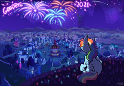 Size: 2965x2048 | Tagged: safe, artist:moccabliss, derpibooru import, rainbow dash, pegasus, pony, canterlot, female, fireworks, mare, ponyville, ponyville town hall, scenery, solo