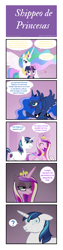 Size: 704x2792 | Tagged: safe, artist:crydius, derpibooru import, edit, editor:enrique zx, princess cadance, princess celestia, princess luna, shining armor, twilight sparkle, twilight sparkle (alicorn), alicorn, pony, unicorn, comic, crown, ears, female, floppy ears, he knows, horseshoes, infidelity, jewelry, lesbian, male, mare, peytral, princess yandance, question mark, realization, regalia, royal sisters, scared, shipping, show accurate, siblings, sisters, spanish, spanish text, spread wings, stallion, sudden realization, translation, translator:enrique zx, twidance, twilestia, twilight sparkle gets all the mares, twiluna, wings, yandere