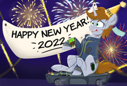 Size: 3300x2250 | Tagged: safe, artist:rutkotka, derpibooru import, oc, oc only, oc:littlepip, pony, unicorn, fallout equestria, 2022, clothes, commission, female, hat, mare, new year, party hat, solo