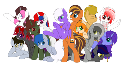 Size: 5100x2700 | Tagged: safe, artist:ponynamedmixtape, derpibooru import, oc, oc only, oc:aero glade, oc:capslockgotstuck, oc:cobalt ribbon, oc:deepest apologies, oc:eternia, oc:firestarter, oc:graeyscale, oc:infinatus amor, oc:lyric, oc:mixtape, oc:nimpone, oc:scribbles, oc:seafood dinner, oc:wrench turner, bat pony, changeling, earth pony, pegasus, unicorn, 2022 community collab, derpibooru community collaboration, female, group, hug, lifted up, male, simple background, transparent background