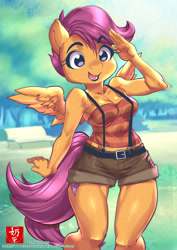 Size: 2480x3508 | Tagged: safe, artist:the-nai, derpibooru import, scootaloo, anthro, pegasus, clothes, female, salute, shorts, solo, suspenders, thigh gap