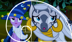 Size: 1242x720 | Tagged: safe, derpibooru import, edit, edited screencap, screencap, twilight sparkle, unicorn twilight, zecora, pony, unicorn, zebra, luna eclipsed, clothes, costume, everfree forest, golden ratio, nightmare night costume, star swirl the bearded costume