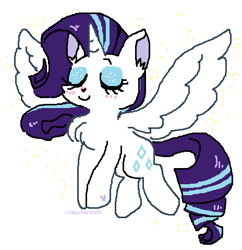 Size: 464x479 | Tagged: safe, artist:computershits, derpibooru exclusive, derpibooru import, rarity, alicorn, pony, alicornified, alternate cutie mark, blushing, chest fluff, eyes closed, female, flying, hoof heart, race swap, raricorn, signature, simple background, solo, sparkles, white background, wings