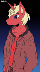 Size: 1262x2250 | Tagged: safe, artist:zadrex, derpibooru import, oc, anthro, unicorn, anthro oc, bipedal, clothes, jacket, male, solo, stallion, standing