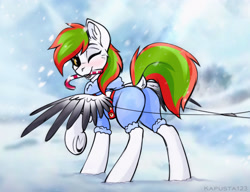 Size: 2257x1732 | Tagged: safe, artist:kapusta123, derpibooru import, oc, pegasus, pony, candy, carriage, clothes, food, happy new year, holiday, lollipop, male, one eye closed, raised tail, smiling, solo, spread wings, tail, wings, wink, winter