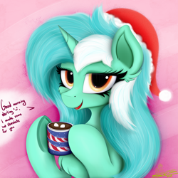 Size: 4000x4000 | Tagged: safe, artist:ser-p, derpibooru import, lyra heartstrings, pony, unicorn, absurd resolution, chest fluff, chocolate, christmas, dialogue, female, food, hat, holiday, hot chocolate, mare, santa hat, solo