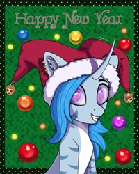 Size: 2700x3375 | Tagged: safe, artist:ingolf arts, derpibooru import, oc, oc only, oc:pearl wave, original species, pony, shark, shark pony, unicorn, bust, christmas, clothes, cute, female, fish tail, grin, hat, high res, holiday, horn, looking at you, mare, new year, ocbetes, santa hat, simple background, smiling, smiling at you, solo