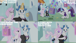 Size: 1280x720 | Tagged: safe, derpibooru import, edit, edited screencap, editor:quoterific, screencap, fancypants, fleur-de-lis, rarity, pony, unicorn, season 2, sweet and elite, eyes closed, female, magic, male, mare, open mouth, smiling, stallion, telekinesis