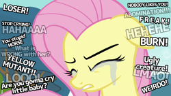 Size: 1280x720 | Tagged: safe, derpibooru import, edit, edited screencap, screencap, fluttershy, pegasus, pony, hurricane fluttershy, season 2, abuse, caption, crying, ears back, eyes closed, female, flutterbuse, gritted teeth, mare, pink mane, sad, solo, text