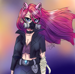 Size: 1280x1250 | Tagged: safe, artist:wimsiecal, derpibooru import, pinkie pie, human, gas, gas mask, humanized, mask, pony ears, solo