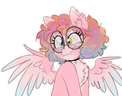 Size: 976x768 | Tagged: safe, artist:wimsiecal, derpibooru import, oc, oc only, oc:wimsie, hybrid, pegasus, chest fluff, female, glasses, heterochromia, simple background, solo, white background