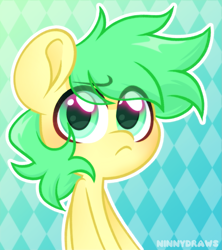 Size: 1553x1745 | Tagged: safe, artist:ninnydraws, derpibooru import, oc, oc only, oc:sourspot, earth pony, pony, abstract background, earth pony oc, frown, male, solo