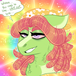 Size: 3000x3000 | Tagged: safe, artist:gingygin, derpibooru import, tree hugger, earth pony, pony, bust, chest fluff, female, high, solo, speech bubble, stoned