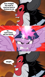 Size: 2000x3373 | Tagged: safe, derpibooru import, edit, edited screencap, screencap, lord tirek, twilight sparkle, twilight sparkle (alicorn), alicorn, centaur, pony, taur, twilight's kingdom, angry, antagonist, beard, black sclera, comic, evil grin, facial hair, female, glowing, glowing horn, green goblin, grin, gritted teeth, horn, horns, magic, male, mare, marvel, nose piercing, nose ring, open mouth, piercing, reference, screencap comic, smiling, speech bubble, spider-man, spider-man: no way home, spoilers for another series, spread wings, teeth, twilight vs tirek, wings