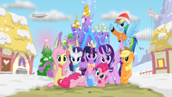 Size: 3840x2160 | Tagged: safe, artist:scifidino66, derpibooru import, applejack, fluttershy, pinkie pie, rainbow dash, rarity, spike, starlight glimmer, twilight sparkle, twilight sparkle (alicorn), alicorn, dragon, earth pony, pegasus, pony, unicorn, airship, alicornified, clothes, drone, female, fire of friendship, hat, hearth's warming, male, mane six, older, older spike, ponyville, race swap, scarf, starlicorn, twilight's castle