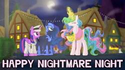 Size: 4408x2480 | Tagged: safe, artist:scifidino66, derpibooru import, nightmare moon, princess celestia, princess luna, twilight sparkle, twilight sparkle (alicorn), alicorn, pony, candy, clothes, costume, donut, eyes closed, female, food, glowing, glowing horn, horn, nightmare night, royal sisters, siblings, sisters, unamused