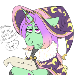 Size: 3000x3000 | Tagged: safe, artist:gingygin, derpibooru import, oc, oc only, oc:sleepy time, pony, unicorn, bags under eyes, clothes, hat, horn, horn jewelry, jewelry, offscreen character, robe, solo, wizard, wizard hat