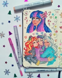 Size: 1788x2236 | Tagged: safe, artist:valeriamagicart, derpibooru import, starlight glimmer, sunset shimmer, trixie, twilight sparkle, human, christmas, holiday, humanized, traditional art