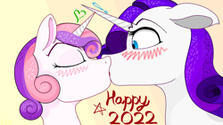 Size: 1440x810 | Tagged: safe, artist:littleiceage, derpibooru import, rarity, sweetie belle, pony, unicorn, blushing, happy new year, holiday, incest, kissing, ms paint, underage